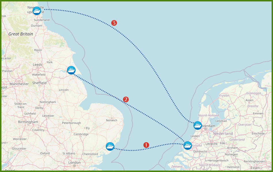 Map with ferry services from England to the Netherlands (Holland)