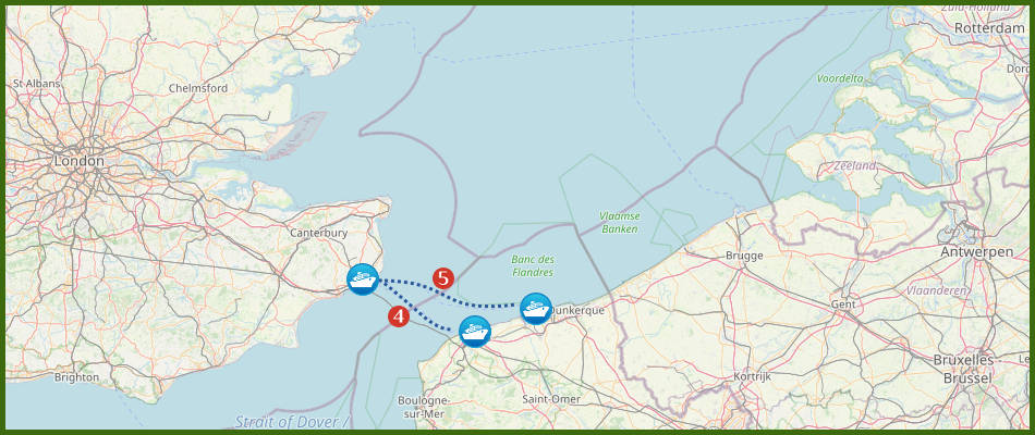 Map with ferry services from England to France