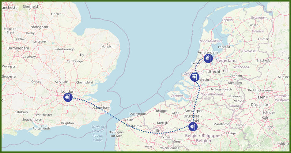 Map with the rail service from England to the Netherlands (Holland)